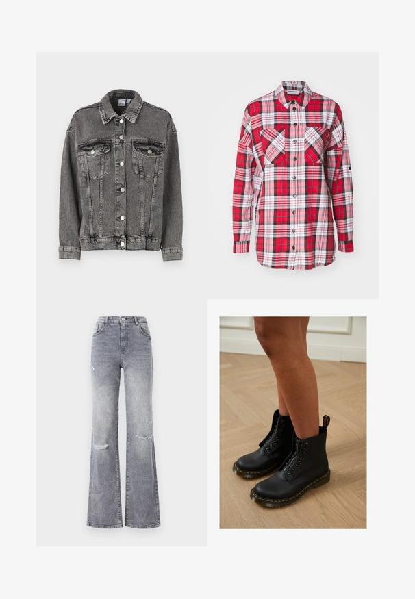 Sort denimjakke med krave, to brystlommer og knaplukninger. Den har en let slidt tekstur og en afslappet pasform.; Rød og sort ternet flannelskjorte med lange ærmer, to brystlommer, knaplukning og klassisk kravedesign.; Højtaljede grå denim jeans med flagrende ben, der har slidte knædetaljer, et klassisk fem-lomme design og tonet syninger.; Sorte læder ankelstøvler med lynlås og snøredesign, der har gule stikninger og en tyk, struktureret sål.