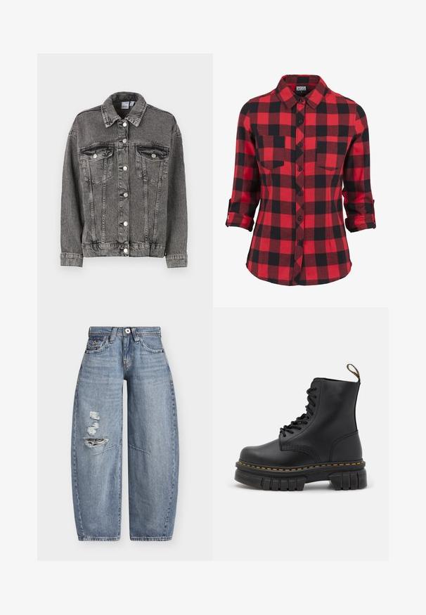 Sort denimjakke med krave, to brystlommer og knaplukninger. Den har en let slidt tekstur og en afslappet pasform.; Rød- og sortternet flannel skjorte, lange ærmer med opsmøgede manchetter, spidse krave, to brystlommer, knaplukning fortil, blød tekstur.; Blå denim jeans med vide ben, høj talje og slidte revner på venstre lår, med forlommer og bæltestropper.; Sort læder snørre støvle med en kraftig sål, gul syning, rund tå og en træksløjfe bagpå for nem påtagning.