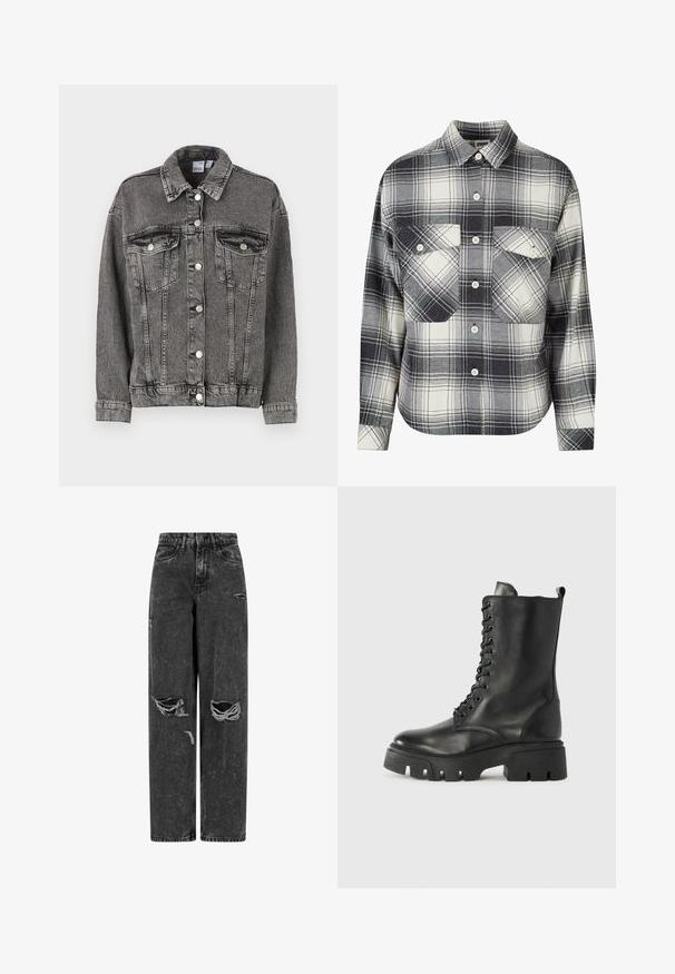 Sort denimjakke med krave, to brystlommer og knaplukninger. Den har en let slidt tekstur og en afslappet pasform.; Rutet flannel skjorte i sort, hvid og grå. Har knaplukning foran, to brystlommer og lange ærmer med knapmansjetter.; Sorte højtaljede brede bukser af jeans med rifter på knæene og slidte detaljer på en hvid baggrund.; Sorte læder snørebod med en kraftig sål, let tekstureret finish og en løkke bagpå. Har fremtrædende huller og syninger.
