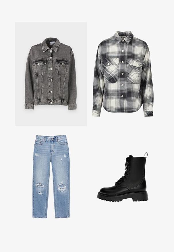 Sort denimjakke med krave, to brystlommer og knaplukninger. Den har en let slidt tekstur og en afslappet pasform.; Rutet flannel skjorte i sort, hvid og grå. Har knaplukning foran, to brystlommer og lange ærmer med knapmansjetter.; Lyseblå jeans med lige ben, slidte huller på begge ben, fem-lommer-stil og knaplukning i taljen.; Sorte snørebånd ankelstøvler lavet af syntetisk læder, med en kraftig sål, trækstrop og fremtrædende syninger.