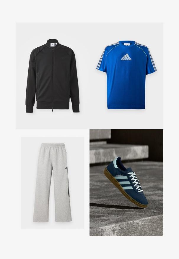 Zwarte sportieve zip-up jas van gladde stof. Kenmerkt zich door een hoge kraag, raglanmouwen, twee zijzakken en een reliëflogo op de borst.; Blauw Adidas sport T-shirt met een wit logo op de borst, witte strepen op de schouders en neongele biezen langs de schoudernaden.; Lichtgrijze wijde joggingbroek met elastische tailleband en zwart Adidas trefoil-logo op de rechterdij.; Blauwe Adidas Spezial sneaker met witte strepen en veters, gumzool, zwevend boven een ruwe betonnen oppervlakte en trappen op de achtergrond.
