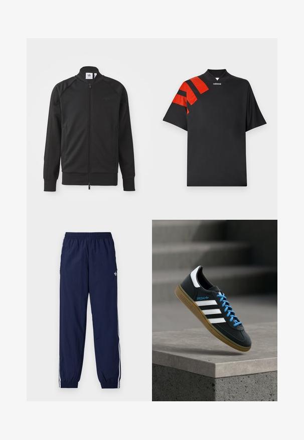 Sort atletisk zip-up jakke lavet af glat stof. Har en høj krave, raglanærmer, to sidelommer og et prægede logo på brystet.; Sort kortærmet t-shirt med høj krave, med røde blanke accenter og diagonale striber på venstre skulder. Glat tekstur.; Mørkeblå træningsbukser lavet af letvægtsstof med hvide striber på siderne, elastisk taljebånd og lille logo.; Sort Adidas sneaker med hvide striber, blå snørebånd og gummisål, der svæver over gråt betontrin i blødt lys.