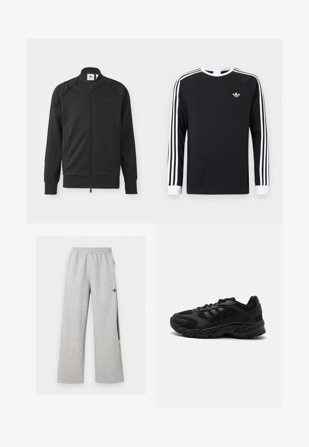 Chaqueta deportiva negra con cremallera, hecha de un tejido suave. Cuenta con un alto cuello, mangas raglán, dos bolsillos laterales y un logotipo en relieve en el pecho.; Camiseta negra de manga larga con diseño de tres franjas blancas en las mangas. Presenta un cuello redondo y un pequeño logo blanco en el pecho.; Pantalones deportivos anchos de color gris claro con cintura elástica y logo negro de Adidas trefoil en el muslo derecho.; Zapatillas deportivas negras que combinan malla transpirable y materiales sintéticos. Suela texturizada distintiva y tres franjas negras en el costado.