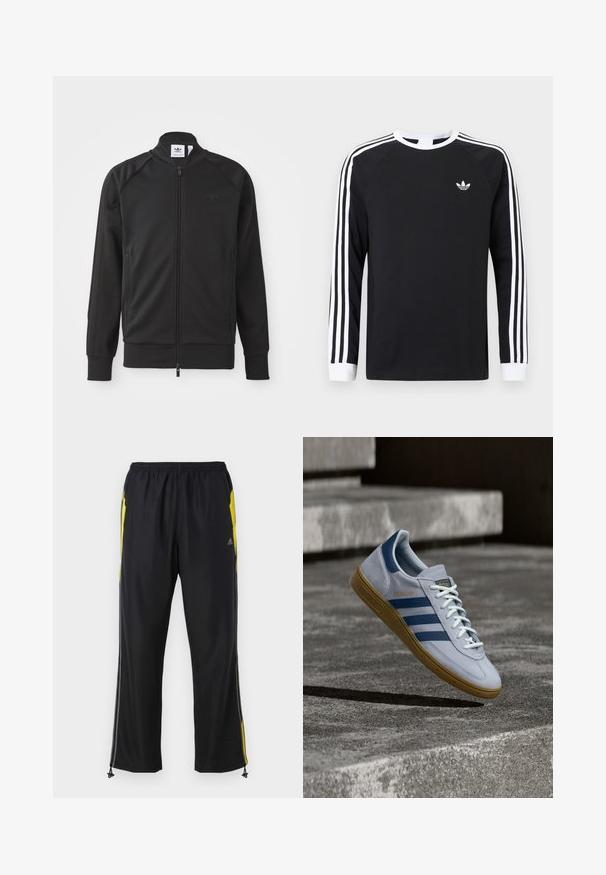 Chaqueta deportiva negra con cremallera, hecha de un tejido suave. Cuenta con un alto cuello, mangas raglán, dos bolsillos laterales y un logotipo en relieve en el pecho.; Camiseta negra de manga larga con diseño de tres franjas blancas en las mangas. Presenta un cuello redondo y un pequeño logo blanco en el pecho.; Pantalones deportivos negros con acentos laterales amarillos, cintura elástica y bolsillos laterales con cremallera. Hechos de una tela ligera y suave.; Zapatilla Adidas Spezial azul claro con rayas azul marino y suela de goma, mostrada en el aire sobre escalones de hormigón en un entorno exterior neutral.