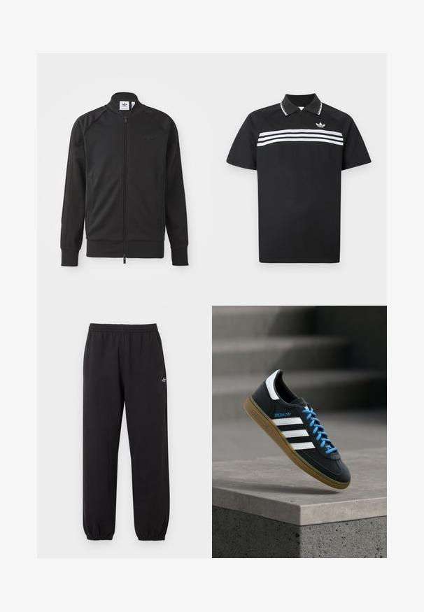 Zwarte sportieve zip-up jas van gladde stof. Kenmerkt zich door een hoge kraag, raglanmouwen, twee zijzakken en een reliëflogo op de borst.; Zwart poloshirt met een ritssluiting bij de kraag, voorzien van drie witte horizontale strepen over de borst en een klein logo linksboven.; Zwarte Adidas joggingbroek met elastische tailleband en boorden, met een klein wit Adidas trefoil-logo op de bovenkant van het linkerbeen.; Zwarte Adidas-sneaker met witte strepen, blauwe veters en een gumzool die boven een grijze betonnen trede zweeft in zacht licht.