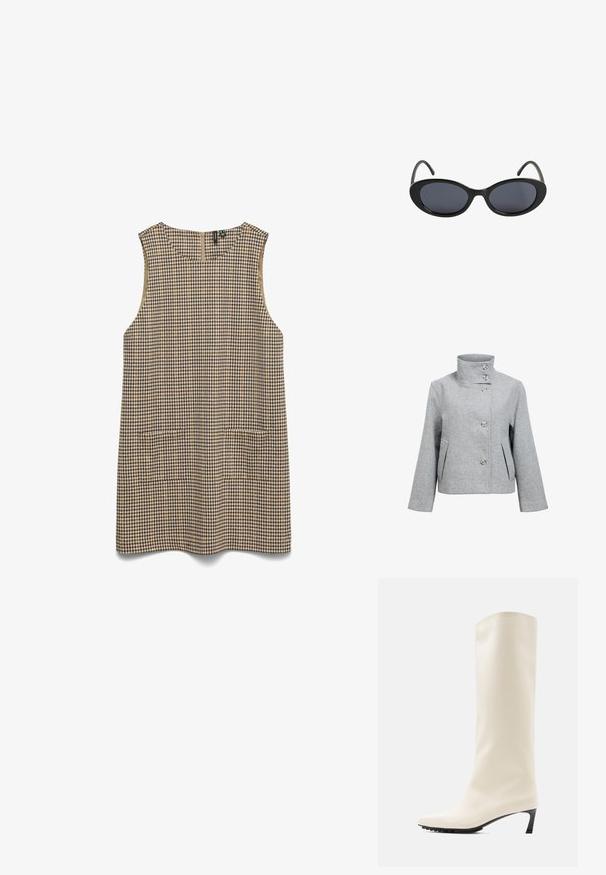Veste en mélange de laine gris clair avec un col haut, quatre boutons et deux poches avant. Présente une coupe structurée et une texture lisse.; Robe sans manches mi-longue avec un motif à carreaux marron et beige et un col rond, suspendue à plat sur fond blanc.; Botte blanche hauteur genou en matériau lisse avec un bout pointu et un talon noir fin. Présente un design épuré et un marquage minimal.; Lunettes de soleil ovales noires avec verres teintés foncés et branches fines courbées sur fond blanc.