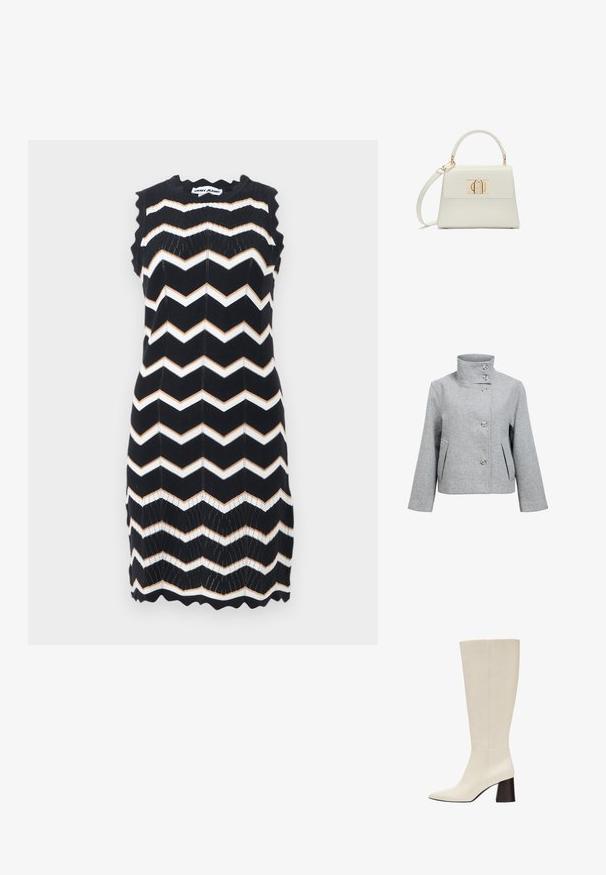 Veste en mélange de laine gris clair avec un col haut, quatre boutons et deux poches avant. Présente une coupe structurée et une texture lisse.; Robe noire sans manches en tricot avec des rayures en zigzag blanches et beige, bords festonnés, et étiquette DKNY Jeans au niveau du col.; Botte en cuir couleur crème montant jusqu’au genou avec bout pointu et talon bloc foncé sur fond blanc.; Petit sac à main blanc avec poignée supérieure, bandoulière amovible et fermoir rectangulaire doré sur la rabat avant.