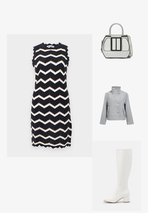 Veste en mélange de laine gris clair avec un col haut, quatre boutons et deux poches avant. Présente une coupe structurée et une texture lisse.; Robe noire sans manches en tricot avec des rayures en zigzag blanches et beige, bords festonnés, et étiquette DKNY Jeans au niveau du col.; Bottes blanches jusqu'au genou avec une finition lisse et brillante. Talon carré et détails de couture subtils sur le côté.; Petit sac à main argenté avec garniture noire, poignée supérieure, bandoulière amovible et icônes de skieur embossées sur le panneau avant.