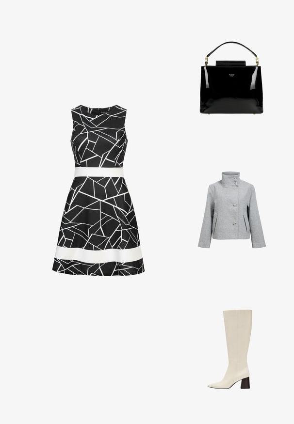 Veste en mélange de laine gris clair avec un col haut, quatre boutons et deux poches avant. Présente une coupe structurée et une texture lisse.; Robe noire sans manches avec des lignes géométriques blanches, une ceinture blanche et une bande horizontale blanche près de l'ourlet.; Botte en cuir couleur crème montant jusqu’au genou avec bout pointu et talon bloc foncé sur fond blanc.; Sac à main en cuir verni noir avec un design structuré, comportant une poignée supérieure, des accents en métal doré et un petit rabat à l'avant.