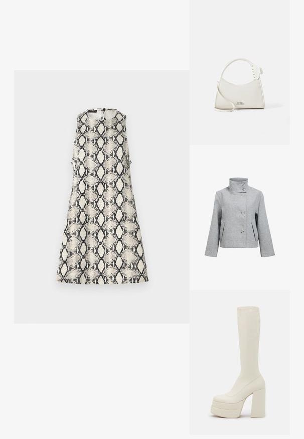 Veste en mélange de laine gris clair avec un col haut, quatre boutons et deux poches avant. Présente une coupe structurée et une texture lisse.; Une robe sans manches avec un motif de serpent beige et noir, un col rond et une fermeture éclair dans le dos.; Steve Madden CYPRESS - Bottes à plateau - off white; Sac à main en cuir blanc avec une forme incurvée, orné de petites clous blancs le long de la poignée. Il dispose d'une longue sangle et d'un logo embossé à l'avant.