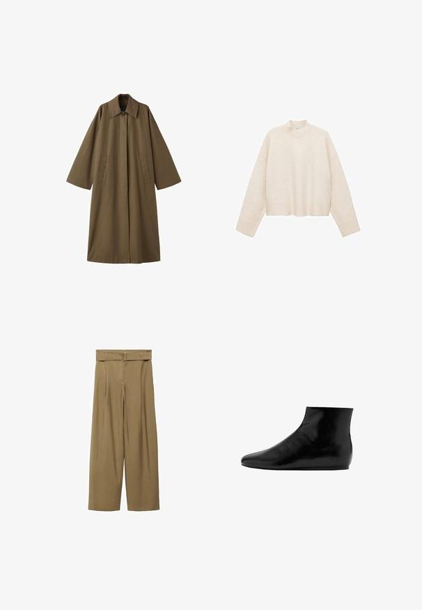 Lang, brun, bomuldsblandet frakke med krave, to forlommer og brede ærmer, med en lige snit og minimalistisk design.; Cremefarvet pullover trøje lavet af blødt stof, med høj hals, sænket skuldre og en cropped design med ribbede kanter.; Beige vidde benbukser med høj talje og bæltefunktion. Fremstillet af struktureret stof, har de frontfolder og et minimalistisk design.; Sort læder ankelstøvle med en glat overflade, flad sål, rund tå og et minimalistisk design.