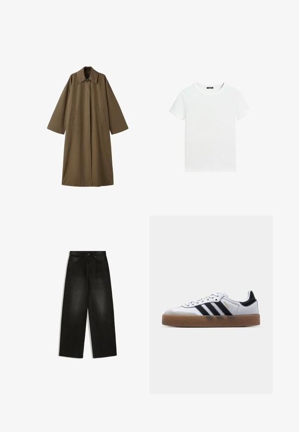 Lang, brun, bomuldsblandet frakke med krave, to forlommer og brede ærmer, med en lige snit og minimalistisk design.; Almindelig hvid T-shirt med korte ærmer, rund halsudskæring og lille sort label inden i kraven.; Høj talje sorte vidde jeans med forlommer, bæltestropper og knaplukning, vist fladt på hvid baggrund.; Hvide lædersneakers med sorte striber, gummirubber sål, rund tå, snørelukning og blød grå ruskinds tåhætte.