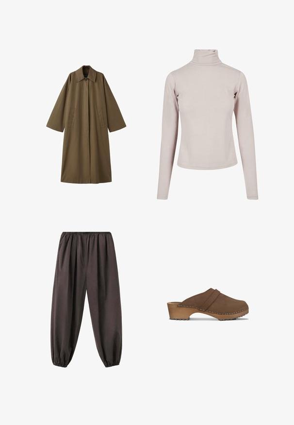 Lang, brun, bomuldsblandet frakke med krave, to forlommer og brede ærmer, med en lige snit og minimalistisk design.; Lyserød langærmet turtleneck-top i strækstof med en slim fit. Har en høj krave og en glat tekstur.; Løse mørkebrune bukser med elastisk talje og manchetter, lavet af blødt stof, designet til komfort og afslappet brug.; Brun læder slip-on træsko med træplatformhæl og synlig syning langs sålen, vist i sideprofil på hvid baggrund.