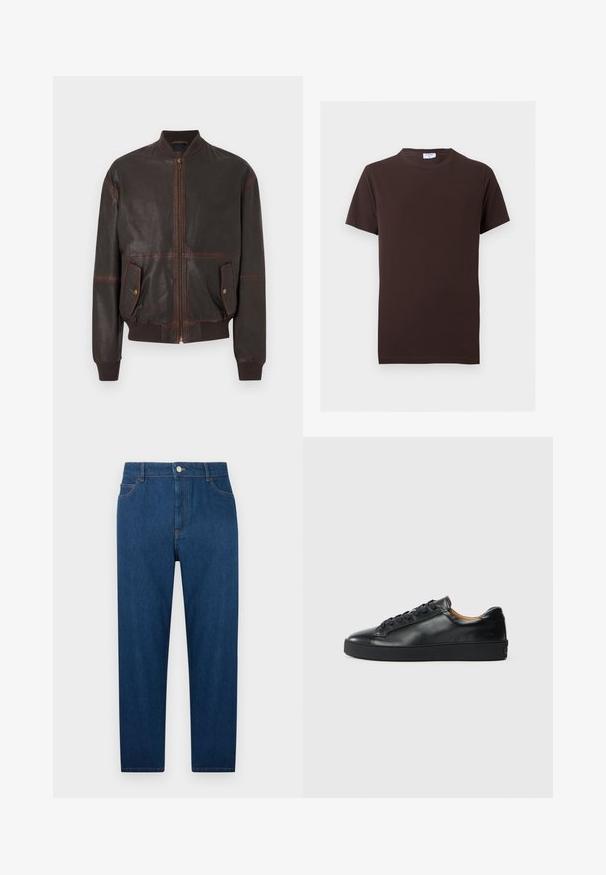 Veste aviateur en cuir marron foncé avec col, poignets et ceinture côtelés, fermeture éclair à l'avant, et deux poches à rabat avec boutons-pression à l'avant.; T-shirt uni marron foncé à manches courtes avec col rond, coupe slim et petite étiquette blanche à l'intérieur du col.; Jean droit en denim bleu foncé avec bouton et fermeture éclair à l'avant, design à cinq poches et coutures visibles à la taille et sur les poches.; Baskets en cuir noir avec une texture lisse, bout rond et fermeture à lacets. Comprend une semelle en caoutchouc épaisse et un minimum de détails de marque.