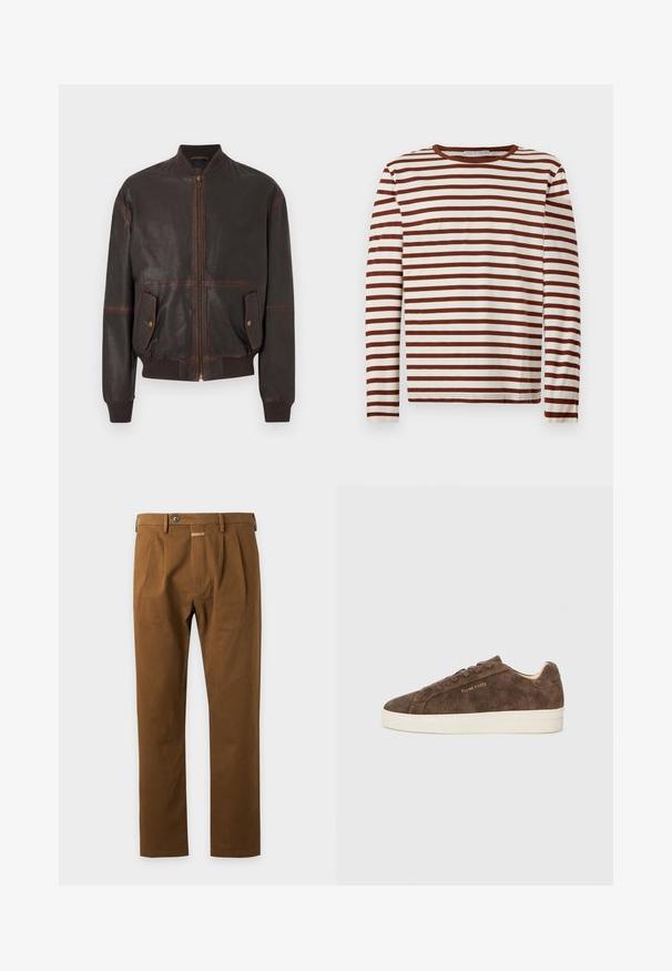 Veste aviateur en cuir marron foncé avec col, poignets et ceinture côtelés, fermeture éclair à l'avant, et deux poches à rabat avec boutons-pression à l'avant.; T-shirt à manches longues et col rond avec des rayures horizontales marron et blanches, fabriqué en tissu doux, posé à plat sur un fond clair.; Pantalon marron à jambes droites avec passants de ceinture, bouton à l'avant et détails plissés sur fond clair.; Baskets en daim marron avec une silhouette basse, un bout arrondi et une semelle en caoutchouc blanc. Elles présentent des lacets foncés et un logo discret sur le côté.
