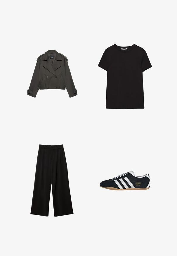 Trench-coat court gris foncé avec larges revers, boutons croisés, épaulettes et brides aux poignets.; T-shirt noir en coton à manches courtes avec encolure ronde, coupe standard et étiquette intérieure visible au niveau du col.; Pantalon noir à jambes larges avec passants de ceinture, fermeture à boutons sur le devant et poches latérales, présenté sur fond blanc.; Sneakers en suede noir avec trois bandes blanches, logo doré et semelle en caoutchouc marron. Présente un design à lacets à profil bas.