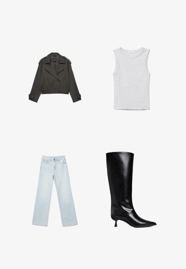 Trench-coat court gris foncé avec larges revers, boutons croisés, épaulettes et brides aux poignets.; Débardeur court gris clair sans manches avec encolure ronde, en tissu tricoté doux.; Jean bleu clair taille haute à jambe droite avec bouton et fermeture éclair à l'avant, poches avant et arrière, présenté sur fond blanc.; Boot en cuir noir, montant jusqu'au genou, avec un bout pointu, une silhouette élancée et un talon carré bas, le tout avec une finition brillante.
