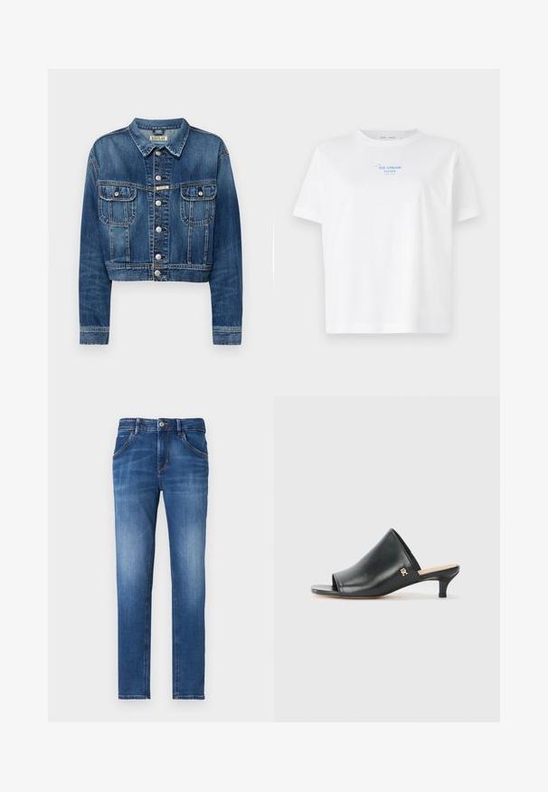 Afskåret denimjakke i mellemblå med sølv metal knapper, to frontlommer og en klassisk krave. Slidt tekstur langs sømmene.; Hvid bomulds-T-shirt med rund hals, korte ærmer, der har teksten "IS KREME TAK" trykt i blå ovenfor en enkel tegning af en isvaffel.; Slim-fit blå denimjeans med en falmet finish, fem lommer, frontlukkebutton og kontrasterende syninger.; Sorte læder open-toe mules med en lav hæl. Har en glat overflade og et guld logo-prim på siden.