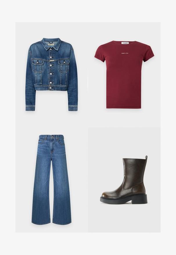 Korte denim jas in medium blauw met zilveren knopen, twee voorzakken en een klassieke kraag. Versleten textuur langs de naden.; Bordeauxrode T-shirt met korte mouwen, ronde hals en een klein wit "REPLAY"-logo in het midden van de borst.; Blauwe denim jeans met wijde pijpen, voorste knopen en ritssluiting, vijfzakkenstijl en riemlussen, afgebeeld tegen een witte achtergrond.; Donkere bruin leren laars tot halverwege de kuit met een ronde neus, dikke zwarte zool, lage blokhak en een trekband aan de achterkant.