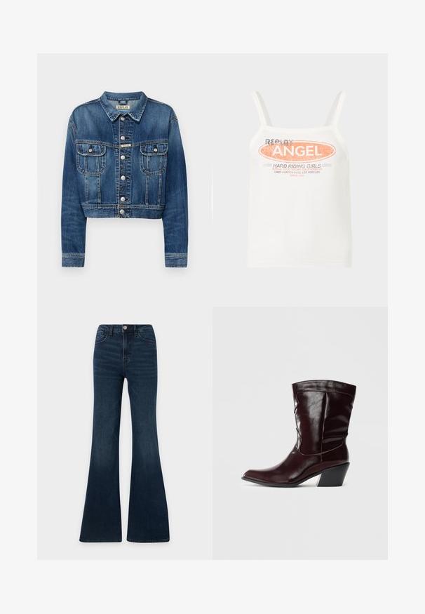 Korte denim jas in medium blauw met zilveren knopen, twee voorzakken en een klassieke kraag. Versleten textuur langs de naden.; Witte tanktop met spaghetti bandjes en de tekst "Replay Angel" en "Hard Riding Girls" in oranje en zwart aan de voorkant.; Donkerblauwe denim jeans met een hoge taille en uitlopende pijpen, voorzijde met knoop- en ritssluiting, voor- en achterzakken.; Bordeaux leren enkellaarsjes met een spitse neus, textuur op het oppervlak en een taps toelopende lage hak. Heeft subtiele stiksels en een strakke pasvorm.