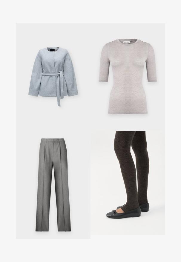 Veste gris clair à manches longues, col rond, sans boutons et avec une ceinture à nouer à la taille, présentée sur un fond uni.; T-shirt gris clair ajusté avec un col rond, des manches courtes et une texture lisse. Fabriqué en tissu doux et léger avec des coutures minimales.; Pantalon gris sur mesure avec un devant plissé, une coupe droite et une texture subtile. Il présente une taille avec passants pour ceinture et aucune poche visible.; Jambes portant des leggings côtelés foncés associés à des ballerines noires avec de petits détails en nœud sur fond blanc.