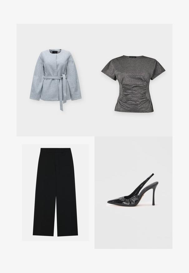 Veste gris clair à manches longues, col rond, sans boutons et avec une ceinture à nouer à la taille, présentée sur un fond uni.; Haut à manches courtes en gris métallique scintillant, avec un col rond et des détails de fronces à la taille.; Pantalons noirs à jambe large en tissu lisse. Dotés d'une taille plate avec passants de ceinture et sans poches visibles. Design simple.; Pompe à talon aiguille en cuir noir, avec un bout pointu, un texture froncé à l'avant et un haut talon stiletto.
