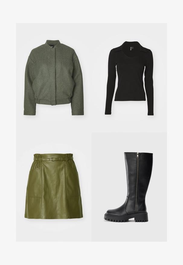 Veste en mélange de laine verte avec col montant, coupe oversized, ourlet court et deux poches avant. Tissu texturé avec des détails de couture minimaux.; Haut noir à manches longues avec un décolleté en V et un col, fabriqué en tissu côtelé. Design ajusté, sans motifs ni accents visibles.; Jupe en cuir vert olive avec une taille ceinturée, dotée de deux poches avant et d'une texture lisse. Silhouette évasée avec un design moderne.; Bottes noires en cuir, montantes jusqu'au genou, avec une fermeture éclair sur le côté, une finition texturée, un bout arrondi et une semelle en caoutchouc épaisse dotée d'un motif de semelle segmenté.