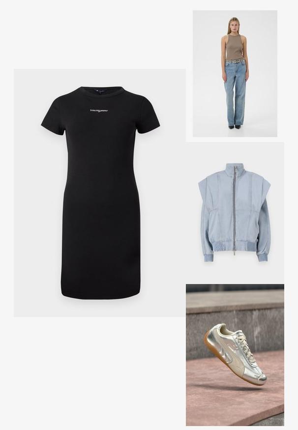 Lichtblauwe denimjack met hoge kraag, ritssluiting en brede schouders. Heeft geplooide manchetten en een gesmokt taille voor een getailleerde pasvorm.; Zwarte geribbelde jurk met korte mouwen, ronde halslijn en wit "tommy jeans" logo in het midden van de borst.; Zilveren en beige Puma-sneaker met een rubberen zool, zwevend boven roze en grijze stenen treden.; Bruine geribde tanktop, high-waisted blauwe jeans, grijze riem met zilveren accenten, zwarte schoenen met hak, model staand tegen een witte achtergrond.