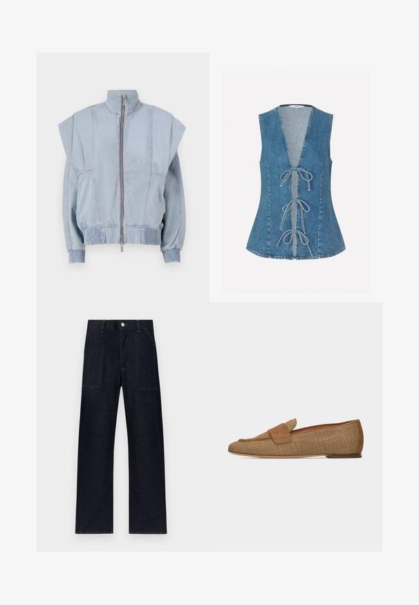 Chaqueta de mezclilla azul claro con un cuello alto, cierre de cremallera y hombros anchos. Presenta puños fruncidos y una cintura elástica para un ajuste a medida.; Chaleco de mezclilla con escote en V, lazada frontal y silueta ajustada. Presenta un color azul claro y una textura suave. Sin mangas.; Vaqueros de mezclilla azul oscuro de pierna ancha con una cintura alta, bolsillos frontales y costuras naranjas en contraste. Cuenta con un cierre de botón metálico.; Mocasín tejido color camel con tira y ribete de ante, suela plana, mostrado de perfil sobre fondo blanco.