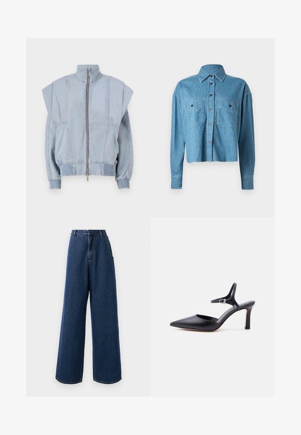 Veste en denim bleu clair avec un col montant, fermeture éclair et épaules larges. Dispose de poignets froncés et d'une taille smockée pour un ajustement près du corps.; CLOSED CROPPED FRONT OVERSIZED - Chemisier - mid blue; Jean taille haute à jambes larges en denim bleu foncé avec fermeture à bouton et à zip à l'avant, passants de ceinture et poches latérales.; Escarpin noir à bout pointu avec fine bride à la cheville et boucle argentée, finition en cuir lisse, chaussure élégante pour femme.