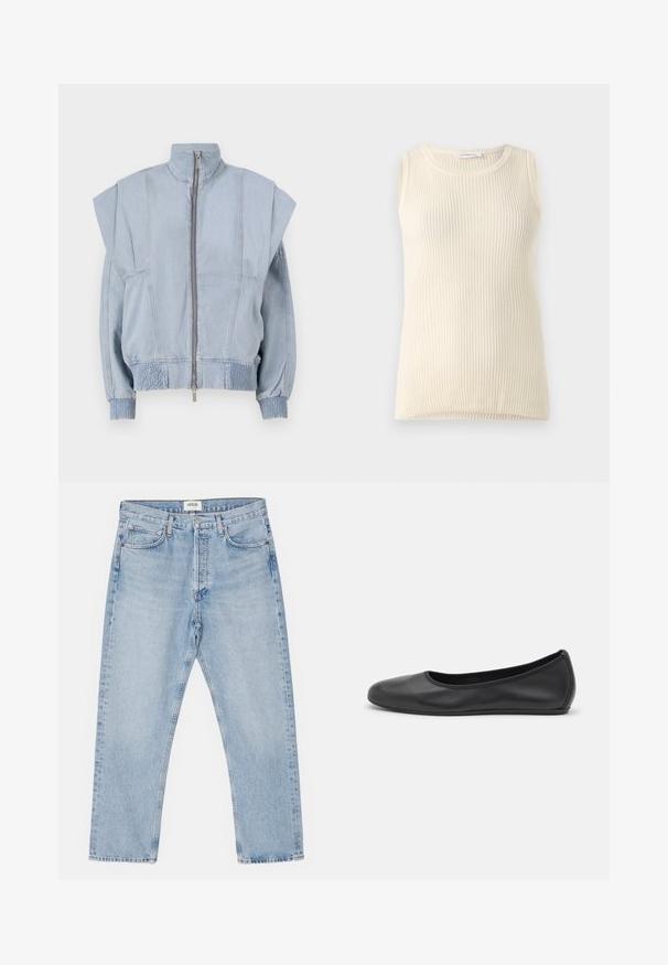 Lichtblauwe denimjack met hoge kraag, ritssluiting en brede schouders. Heeft geplooide manchetten en een gesmokt taille voor een getailleerde pasvorm.; Mouwloze crèmekleurige top met geribbelde textuur en ronde hals. De stof lijkt zacht, met een aansluitende pasvorm en zonder zichtbare patronen of accenten.; Lichtblauwe denim jeans met een klassieke rechte pasvorm, vijf zakken en een knoopsluiting, met subtiele vervaging en een stevige textuur.; Zwarte leren ballerina met een ronde neus, gladde textuur, minimale stikdetails en een flexibele zoolontwerp.