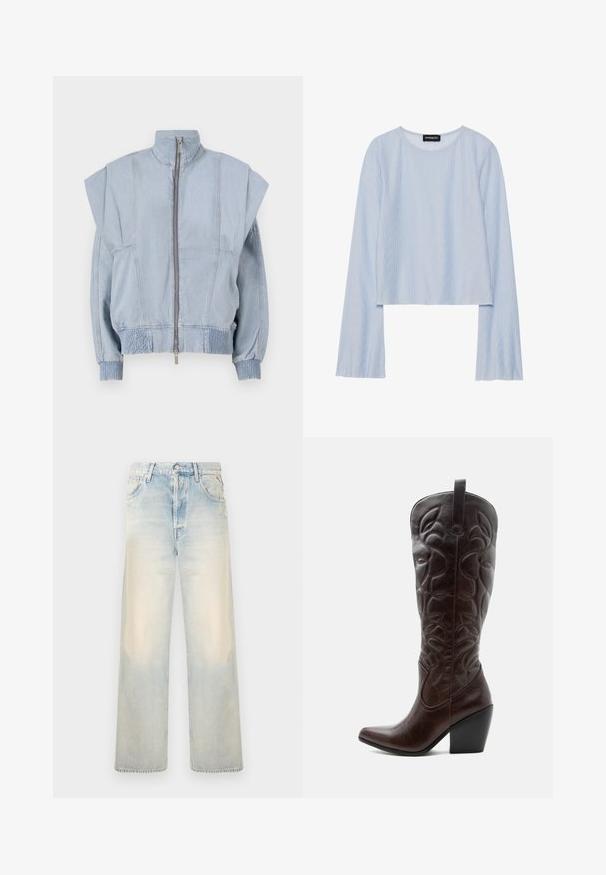 Veste en denim bleu clair avec un col montant, fermeture éclair et épaules larges. Dispose de poignets froncés et d'une taille smockée pour un ajustement près du corps.; Haut bleu clair à manches longues en tissu texturé avec un motif ondulé ; il possède un col rond et un ourlet court.; Jean large en denim délavé avec une finition usée, cinq poches et une fermeture à bouton classique. Texture douce et coupe ample.; Botte de cowboy haute en cuir marron foncé avec motifs décoratifs cousus, bout pointu et talon bloc empilé.
