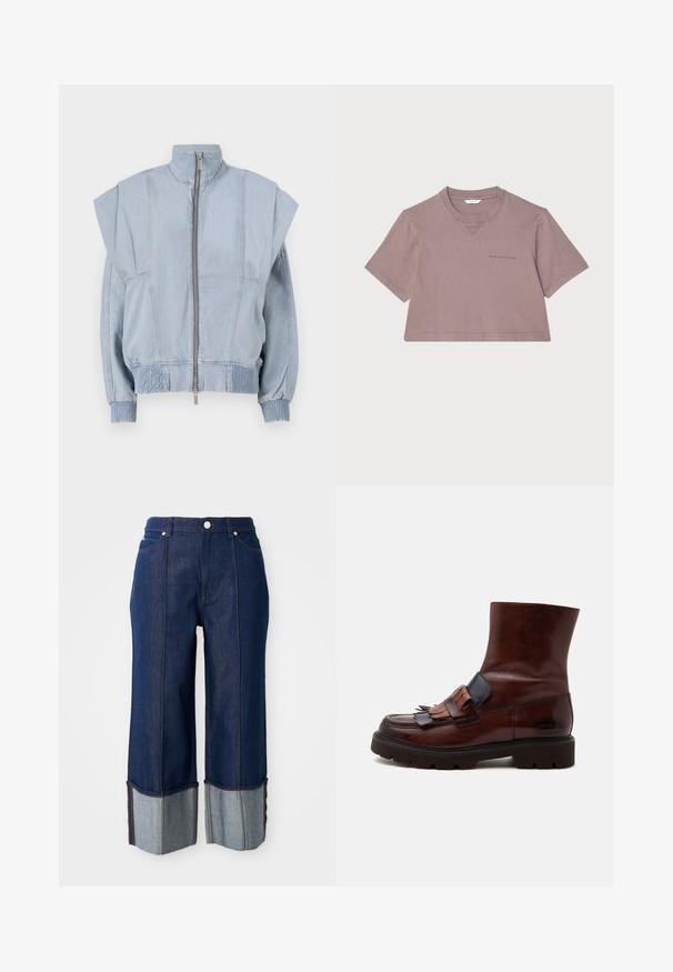 Veste en denim bleu clair avec un col montant, fermeture éclair et épaules larges. Dispose de poignets froncés et d'une taille smockée pour un ajustement près du corps.; T-shirt cropped en mauve poussiéreux, fabriqué en tissu doux. Doté d'un col rond, de manches courtes et d'un logo subtil imprimé sur le devant.; Jeans wide-leg bleu foncé avec des poignets repliés montrant un denim plus clair à l'intérieur, bouton avant et poches sur un fond blanc.; Bottine en cuir marron foncé avec semelle épaisse noire, franges et détails de sangle sur le devant, et bout arrondi lisse.