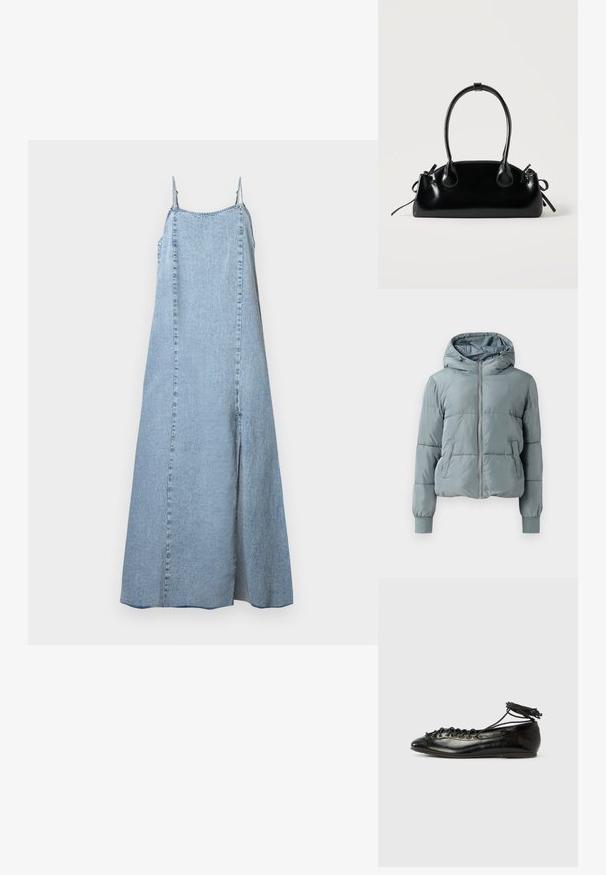 Lichtblauwe gewatteerde jas met capuchon, een volledige ritssluiting aan de voorkant, twee zijzakken en elastische boorden op een effen achtergrond.; Lichtblauwe denim maxi-jurk met dunne bandjes en een split aan de voorkant op een effen witte achtergrond.; Zwarte ballerina's van lakleer met een afgeronde neus, veterdesign en een platte zool. Glad oppervlak met minimale details.; Kleine zwarte glanzende handtas met twee lange hengsels en zijkant trekkoord details op een effen lichte achtergrond.