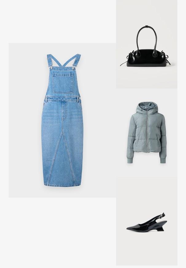 Hellblaue gesteppte Kapuzenjacke mit durchgehendem Frontreißverschluss, zwei Seitentaschen und elastischen Bündchen auf einfarbigem Hintergrund.; Hellblaue Denim-Latzkleid mit verstellbaren Trägern, einer Fronttasche, einem geraden Rock mit einem subtilen Schlitz und einer glatten Textur.; Schwarzer Slingback-Schuh aus Lackleder mit spitzer Spitze und niedrigem, schrägem Blockabsatz auf einfachem hellem Hintergrund.; Kleine schwarze glänzende Handtasche mit zwei langen Griffen und seitlichen Kordelzug-Details vor einfachem hellem Hintergrund.