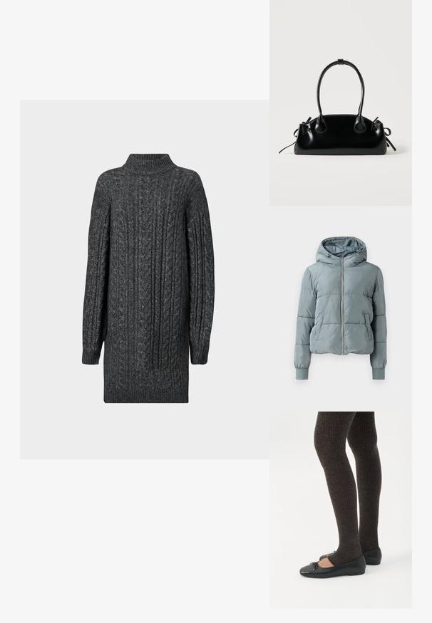 Lyseblå polstret hættejakke med fuld lynlås foran, to sidelommer og elastiske manchetter på ensfarvet baggrund.; Mørkegrå kabelstrikket lang sweaterkjole med ribbet mock neck, manchetter og kant på hvid baggrund.; Ben iført mørke ribbede leggings kombineret med sorte balletsko med små sløjfedetaljer på hvid baggrund.; Lille sort blank håndtaske med to lange håndtag og snøre-detaljer i siden på en ensfarvet lys baggrund.