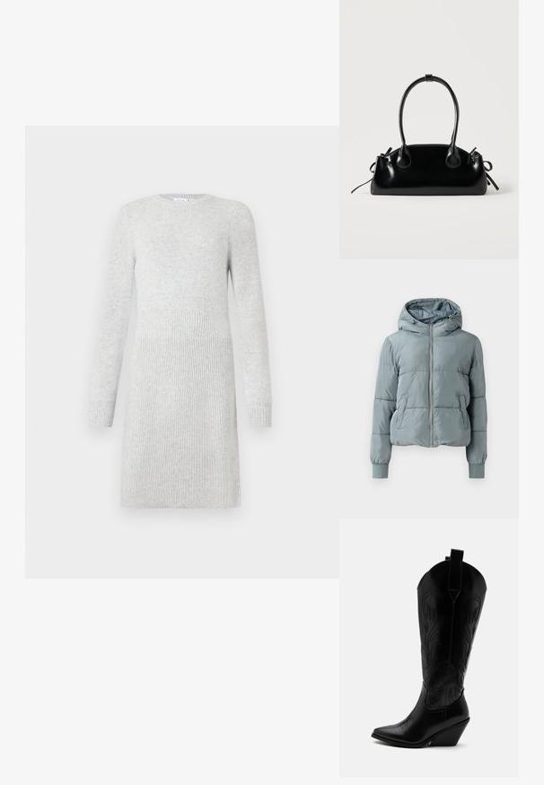 Hellblaue gesteppte Kapuzenjacke mit durchgehendem Frontreißverschluss, zwei Seitentaschen und elastischen Bündchen auf einfarbigem Hintergrund.; Hellgraues, gestricktes Kleid mit langen Ärmeln und geripptem Muster im unteren Teil, tailliert und mit Rundhalsausschnitt.; Schwarzer Leder-Cowboystiefel mit spitzer Zehe, schrägem Blockabsatz, dekorativer Naht und Zuglaschen oben vor weißem Hintergrund.; Kleine schwarze glänzende Handtasche mit zwei langen Griffen und seitlichen Kordelzug-Details vor einfachem hellem Hintergrund.