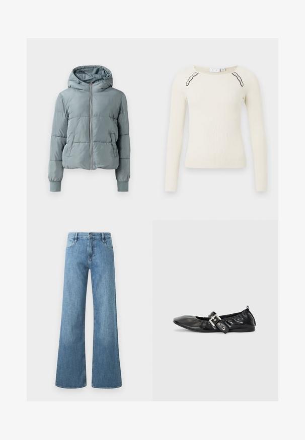 Hellblaue gesteppte Kapuzenjacke mit durchgehendem Frontreißverschluss, zwei Seitentaschen und elastischen Bündchen auf einfarbigem Hintergrund.; Rippstrick-Oberteil mit langen Ärmeln in Off-White, runder Ausschnitt und kontrastierenden schwarzen Akzenten an den Schultern. Gestrickte Textur, figurbetonte Passform.; Hellblaue weite Jeans aus Denim. Mit hohem Bund, Fünf-Taschen-Design und einem Knopfverschluss mit sichtbaren Nähten.; Schwarze Leder-Ballerinas mit spitzem Zehenbereich, gerafften Details am Schaft und einem silbernen Schnallenakzent am verstellbaren Riemen.