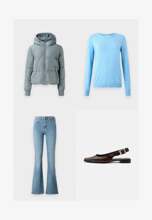 Lyseblå polstret hættejakke med fuld lynlås foran, to sidelommer og elastiske manchetter på ensfarvet baggrund.; Lyseblå strikket sweater med rund halsudskæring, lange ærmer og ribstrikkede manchetter. Blød tekstur, tætsiddende pasform og sømløs konstruktion.; Lysblå denim jeans med høj talje og flared ben, med forlommer og knaplukning.; Mørkebrun læderslingback flad sko med firkantet tå, krokodille tekstur og sølvspænde på remmen.