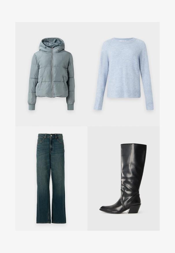 Hellblaue gesteppte Kapuzenjacke mit durchgehendem Frontreißverschluss, zwei Seitentaschen und elastischen Bündchen auf einfarbigem Hintergrund.; Helles blaues Sweater aus weichem, strukturiertem Stoff, mit Rundhalsausschnitt, langen Ärmeln sowie gerippten Bündchen und Saum.; Blaue Denim-Jeans mit geradem Bein, fünf Taschen und Knopfverschluss, auf weißem Hintergrund präsentiert.; Schwarze Leder-Stiefel bis zum Knie mit spitzem Zeh, angularer Ferse und glatter Textur. Verfügt über einen dezenten gesteppten Akzent an der Seite.