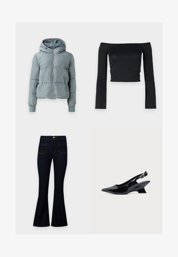 Lyseblå polstret hættejakke med fuld lynlås foran, to sidelommer og elastiske manchetter på ensfarvet baggrund.; Sort cropped top med lange, tætsiddende ærmer og en off-the-shoulder udskæring, lavet af blødt, glat stof. Simpelt og tætsiddende design.; Mørkeblå outfitted jeans med høj talje, lavet af denim, med to baglommer og kontraststing langs sømmene.; Sort laklæder slingback sko med spids tå og lav vinklet blokhæl på ensartet lys baggrund.