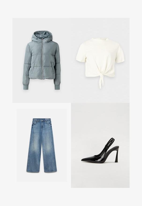 Hellblaue gesteppte Kapuzenjacke mit durchgehendem Frontreißverschluss, zwei Seitentaschen und elastischen Bündchen auf einfarbigem Hintergrund.; Weißes kurzärmliges Crop-Top mit Rundhalsausschnitt und vorderem Knoten-Detail vor einfarbigem hellem Hintergrund.; Blaue Jeans mit weitem Bein und verwaschenem Effekt vorne, vorderer Knopf, Reißverschluss und vordere Taschen mit Gürtelschlaufen.; Schwarze Lackleder Slingback-Pumps mit spitzem Zehenbereich, schlankem hohen Absatz und doppeltem elastischen Riemen für einen sicheren Sitz. Glatte, glänzende Oberfläche.