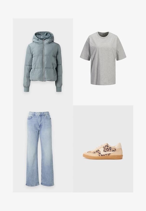 Lyseblå polstret hættejakke med fuld lynlås foran, to sidelommer og elastiske manchetter på ensfarvet baggrund.; Lysegrå T-shirt med korte ærmer og rund hals med lille hvid "JJXX STUDIO"-logo centreret på brystet.; Lyseblå vide jeans lavet af denim, med høj talje, fem lommer og en kant med subtilt slid.; Leopardprint sneakers med beige ruskindsoverdel, tan gummisål og hvide detaljer. Rund pegefinger og snørebåndsdesign med en tekstureret finish.