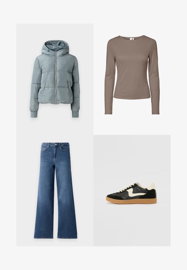 Lyseblå polstret hættejakke med fuld lynlås foran, to sidelommer og elastiske manchetter på ensfarvet baggrund.; Langærmet tætsiddende T-shirt med crew neck i ensfarvet taupe farve med et enkelt design og ribbet tekstur.; Bredde ben blå denimjeans med en standard talje, forlommer og en glat tekstur. Ingen synlige mønstre eller udsmykninger.; Sorte ruskinds- og lædersneakers med en cremefarvet side-swoosh og lys cremefarvet hæl. Har beige snørebånd og en gummirubber-sål.