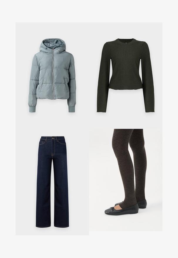 Lichtblauwe gewatteerde jas met capuchon, een volledige ritssluiting aan de voorkant, twee zijzakken en elastische boorden op een effen achtergrond.; Olijfgroene cropped lange mouw top gemaakt van ribbelstof. Heeft een ronde halslijn en een slim-fit silhouet.; Donkerblauwe wijde jeans van denim, met een hoge taille, vier zakken en contrasterende stiksels langs de naden.; Benen met donkere geribbelde leggings gecombineerd met zwarte ballerina's met kleine strikdetails op een witte achtergrond.