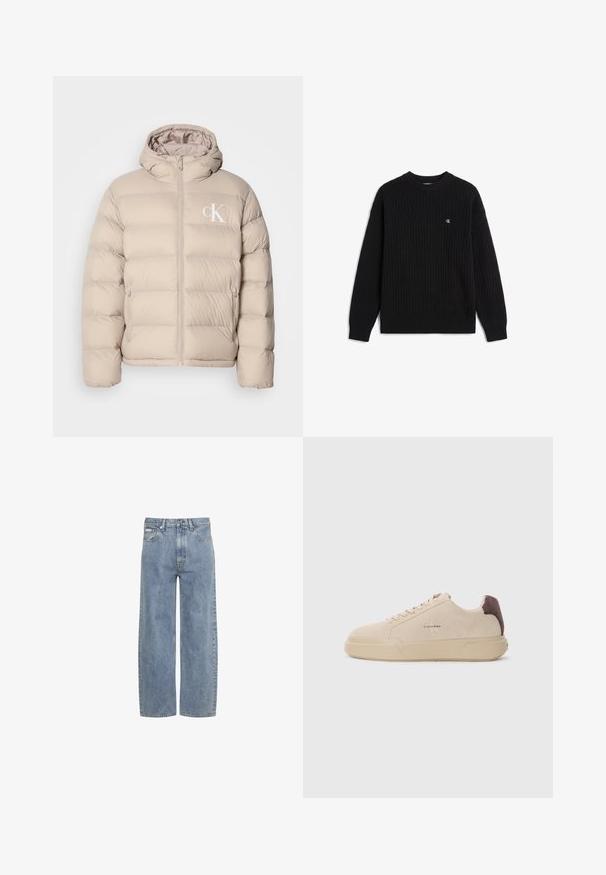 Beige pufferjakke med hætte, der har et quiltet design, central lynlås og et lille hvidt logo på venstre bryst. Blødt, glat materiale.; Sort ribstrikket langærmet sweater med rund hals og lille hvid "cK" logo på venstre bryst.; Lyseblå jeans med lige ben, foran lukning med knap og lynlås, bæltestropper og fem-lomme design.; Beige ruskind sneakers med rund tå, snørret foran og en brun ruskindsdetalje på hælen. Har en tekstureret gummisål.