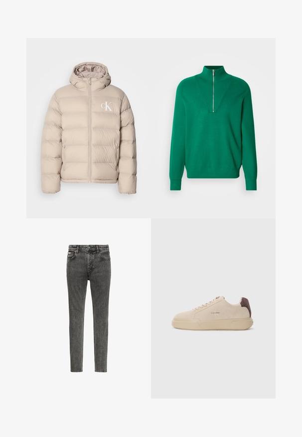 Beige pufferjack met een capuchon, voorzien van een gequilt ontwerp, centrale rits en een klein wit logo op de linkerkant van de borst. Zacht, glad materiaal.; Groene trui met rits, hoge kraag en V-vormig geribd patroon aan de voorkant. Zachte textuur, lange mouwen en aansluitende boorden.; Slim-fit vervaagde zwarte denim jeans met vijf zakken, riemlussen en knoopsluiting in de taille, van voren getoond op een witte achtergrond.; Beige suède sneakers met een ronde neus, vetersluiting aan de voorkant en een bruine suède accent op de hiel. Beschikt over een gestructureerde rubberen zool.