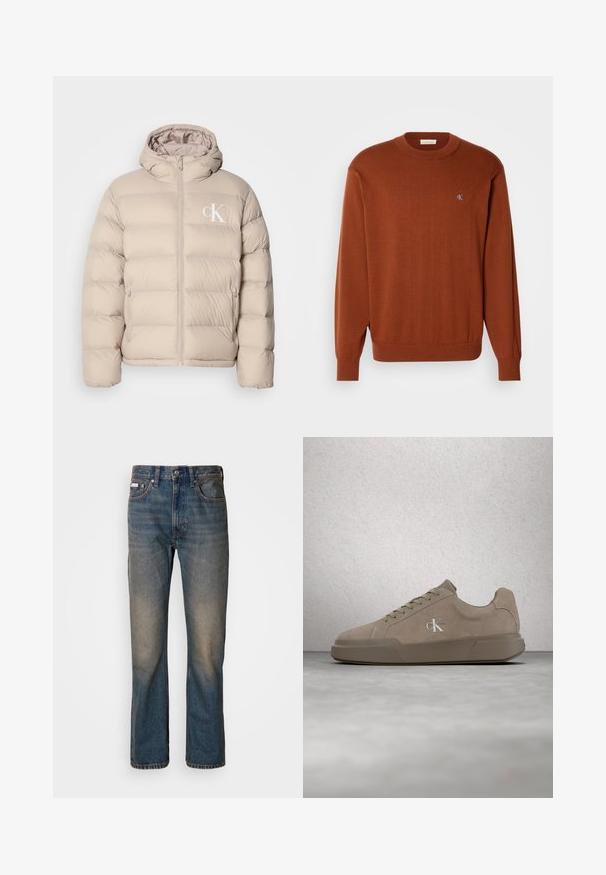 Chaqueta de plumón beige con capucha, con un diseño acolchado, cremallera central y un pequeño logo blanco en el lado izquierdo del pecho. Material suave y liso.; Suéter de cuello redondo en color óxido, de punto fino, con puños y dobladillo acanalados, y un pequeño logo azul en el pecho. Textura suave.; Vaqueros de tiro alto en denim azul, con un diseño de pierna recta, parches desgastados y descoloridos, y un estilo tradicional de cinco bolsillos.; Zapatilla de gamuza beige con cordones y logotipo "ck", mostrada flotando sobre un suelo de hormigón pulido con una pared de bloques de vidrio al fondo.
