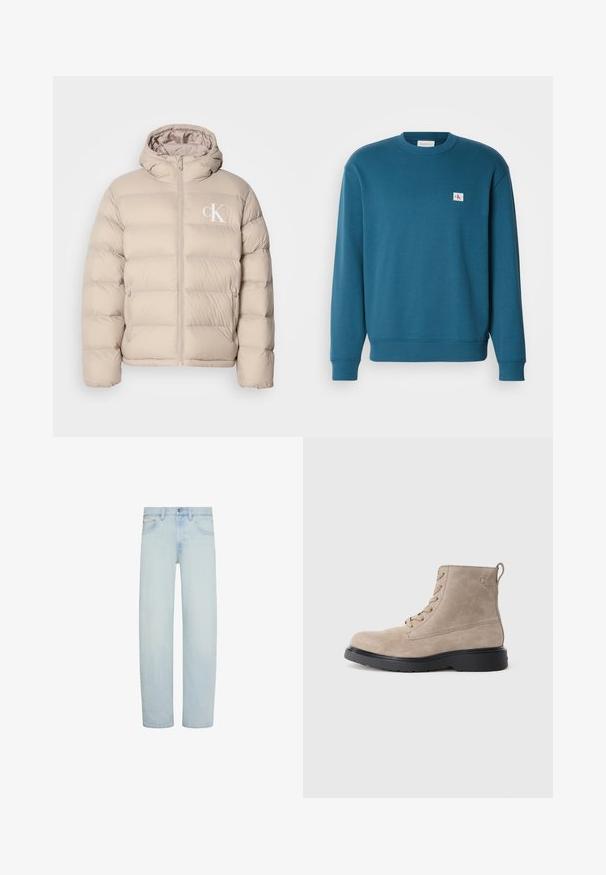 Beige pufferjakke med hætte, der har et quiltet design, central lynlås og et lille hvidt logo på venstre bryst. Blødt, glat materiale.; Turkis sweatshirt lavet af blødt stof, med en rund halsudskæring, lange ærmer, ribbede manchetter og en lille logo-patch på brystet.; Lyseblå denimjeans med lige ben, foran knap- og lynlåslukning, bæltestropper og forlommer.; Beige ruskindsankelstøvler med sort gummisål, snørelukning og et lille logo præget på siden, med en løftestrop bagpå.