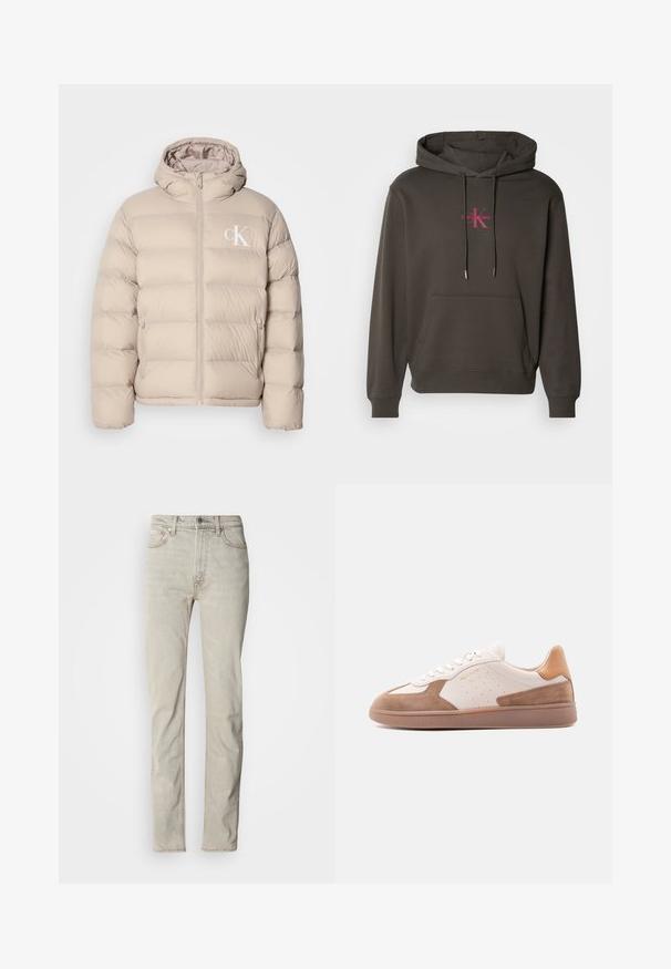 Chaqueta de plumón beige con capucha, con un diseño acolchado, cremallera central y un pequeño logo blanco en el lado izquierdo del pecho. Material suave y liso.; Sudadera con capucha de color gris oscuro, con un bolsillo frontal, capucha con cordón y logo de Calvin Klein en color rosa en el pecho. Material de algodón suave.; Vaqueros de mezclilla beige con diseño de pierna recta, estilo de cinco bolsillos y cierre de botón. Presentan una textura sutil y acentos mínimos de costura.; Zapatilla baja blanca y beige con detalles de ante, laterales perforados, cordones blancos y suela de goma texturizada, mostrada de lado sobre un fondo blanco.